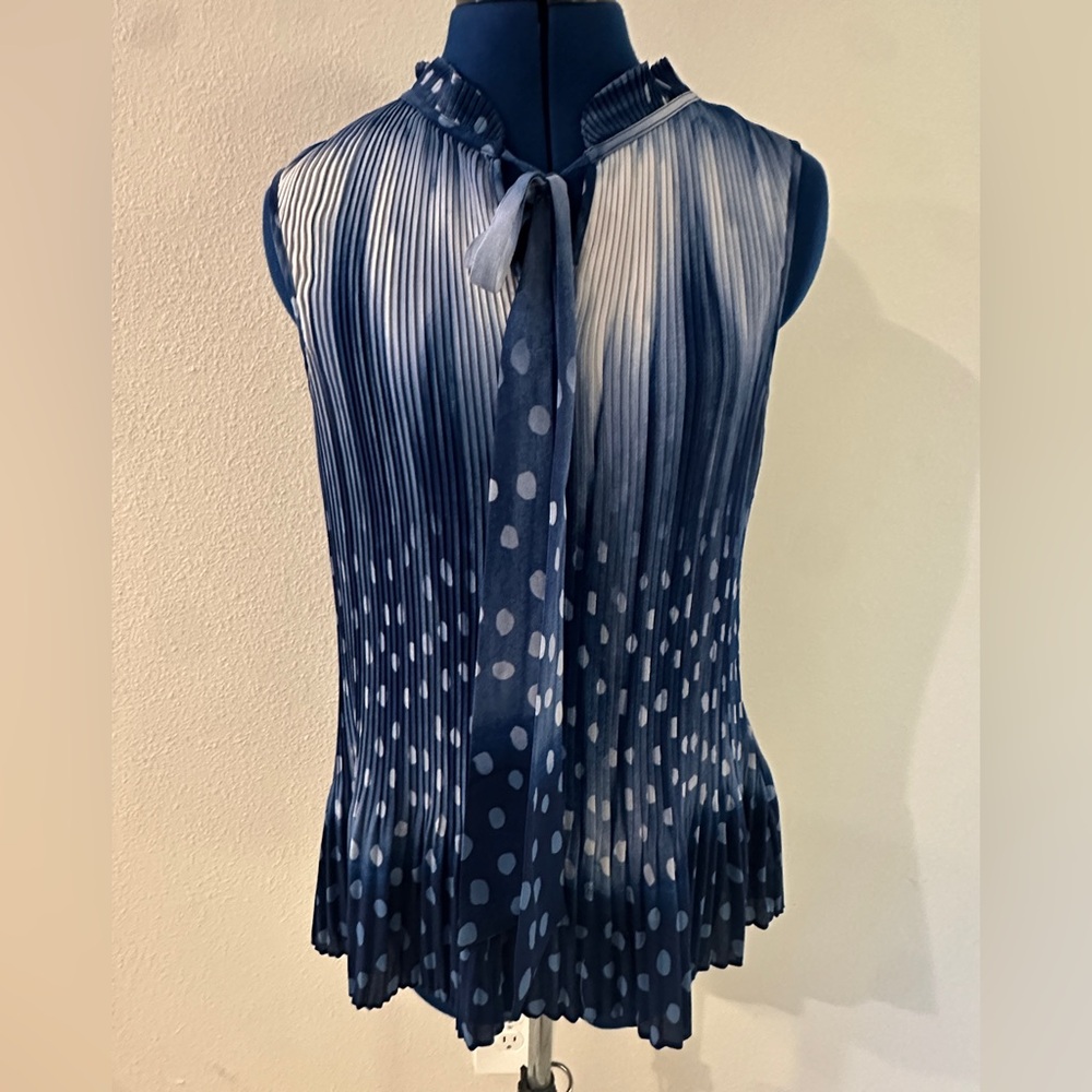 DKNY Navy and White Polka Dot Pleated Blouse